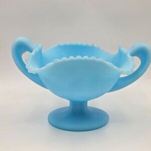Fenton Three Fruits #8242 Handled Compote Satin Blue Milk Glass